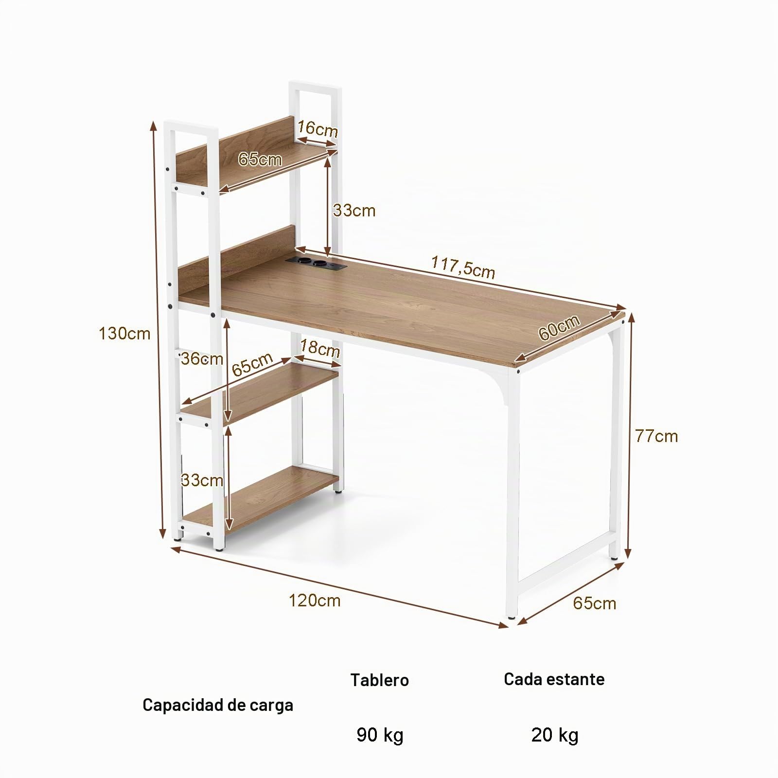 LIFEZEAL Escritorio de Oficina con Estación de Carga USB Tipo-C y 2 Enchufes - Mesa de Trabajo de Madera con 3 Estantes y Estructura Metálica - 120x65x130 cm (Marrón)