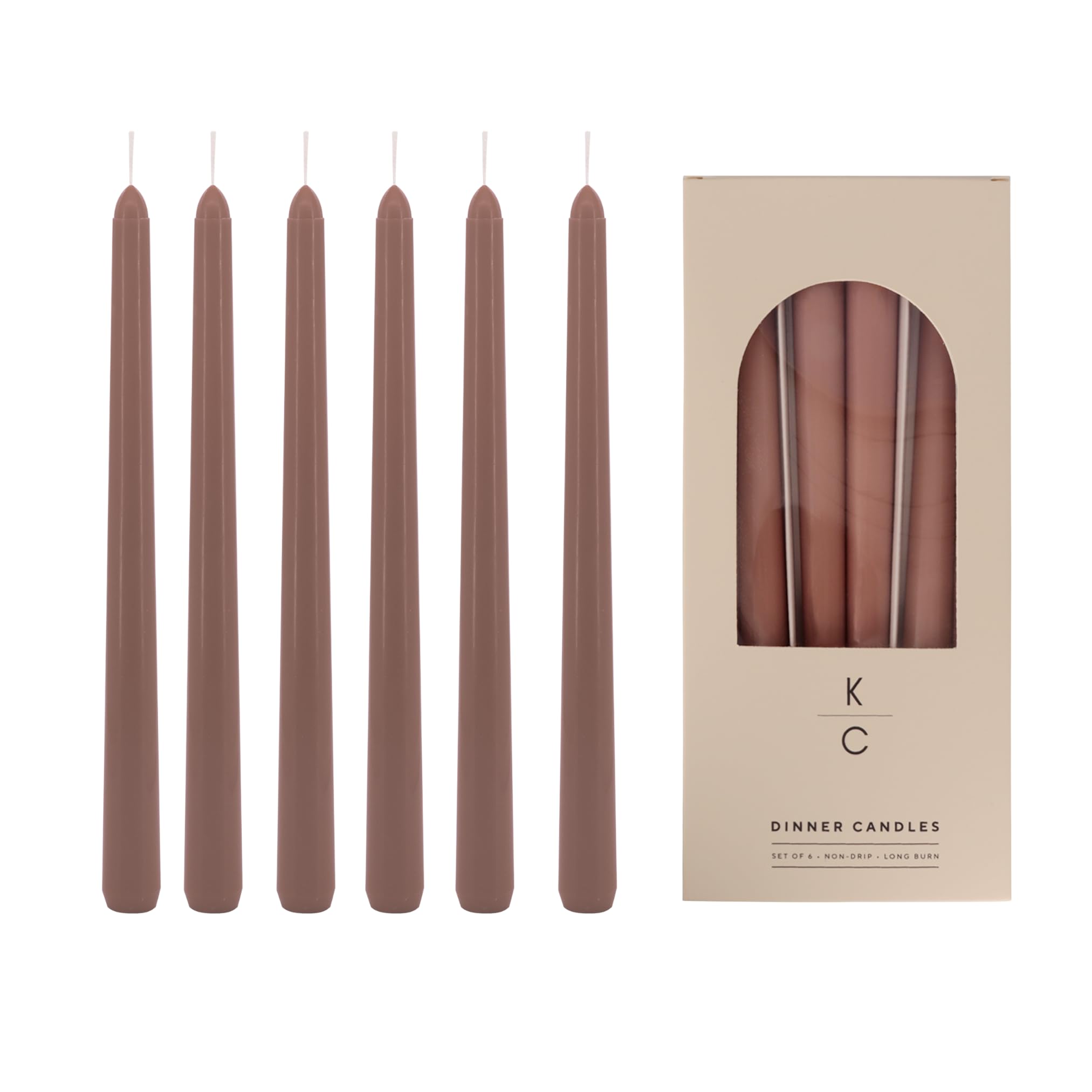 Tapered Dinner Candles, Pack of 6 – Soy &amp; Paraffin Wax Blend, 10-Inch Dripless Taper Candles with 7-Hr. Clean Burn – Smokeless Unscented Tapers for Weddings, Dinner Tables &amp; Home Decor – Latte