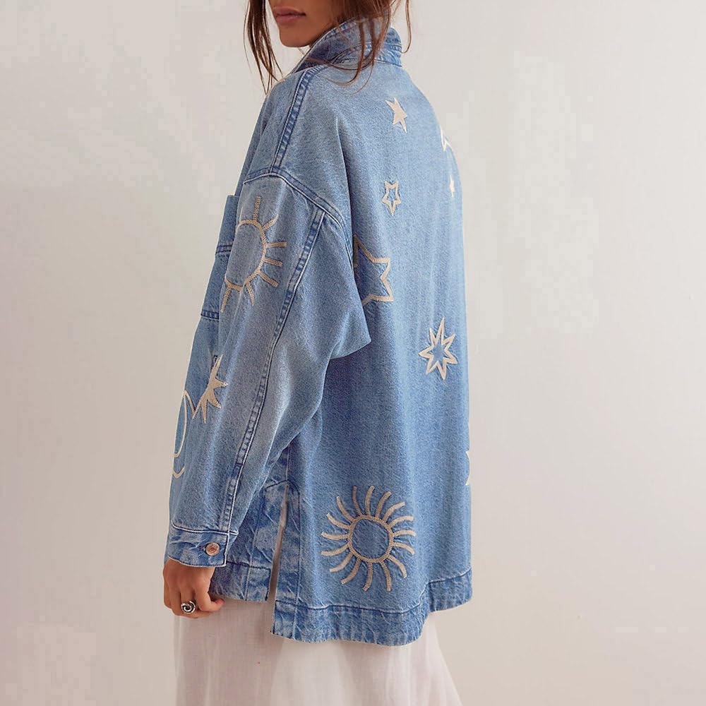 utcoco Chaqueta de mezclilla vintage de gran tamaño para mujer, bordada, casual, holgada, con botones