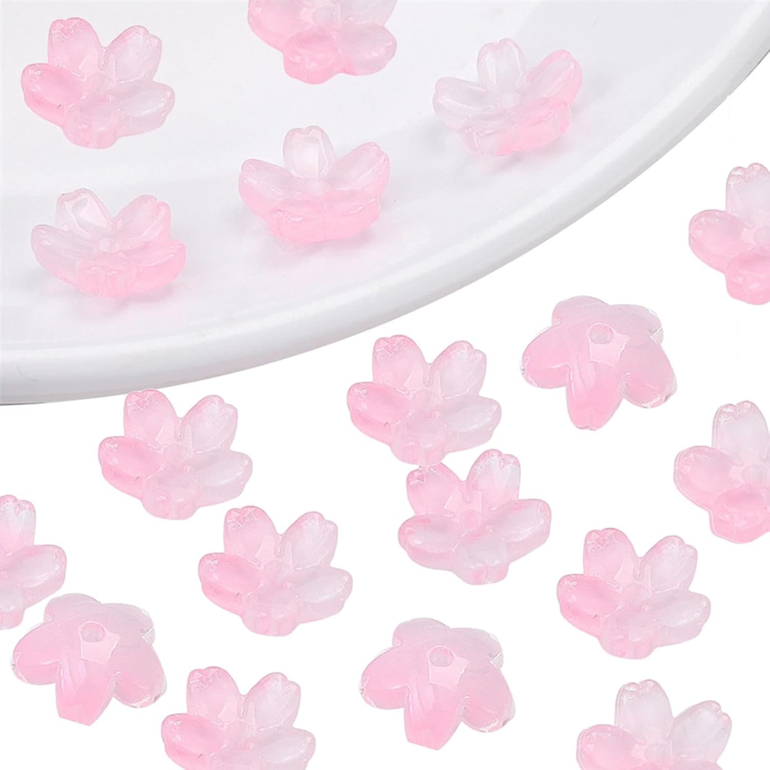 100Pcs Cherry Blossom Glass Flower Beads Translucent Gradient Colorful Floral Beads Mini Flower Charm for DIY Jewelry Making