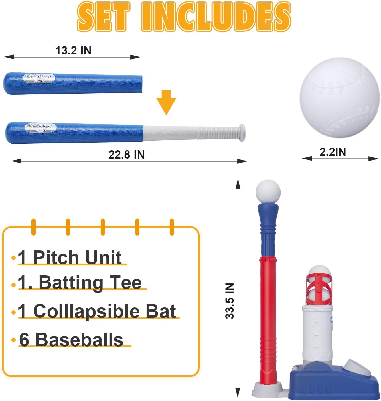 EagleStone Baseball Tee，T-Ball Set for Kids Ages 3-5, Toddler Baseball Set with Step-On Pitching Machine, Adjustable Batting Tee, Bat and 6 Balls - Perfect Outdoor Christmas Toys Gift for Boys