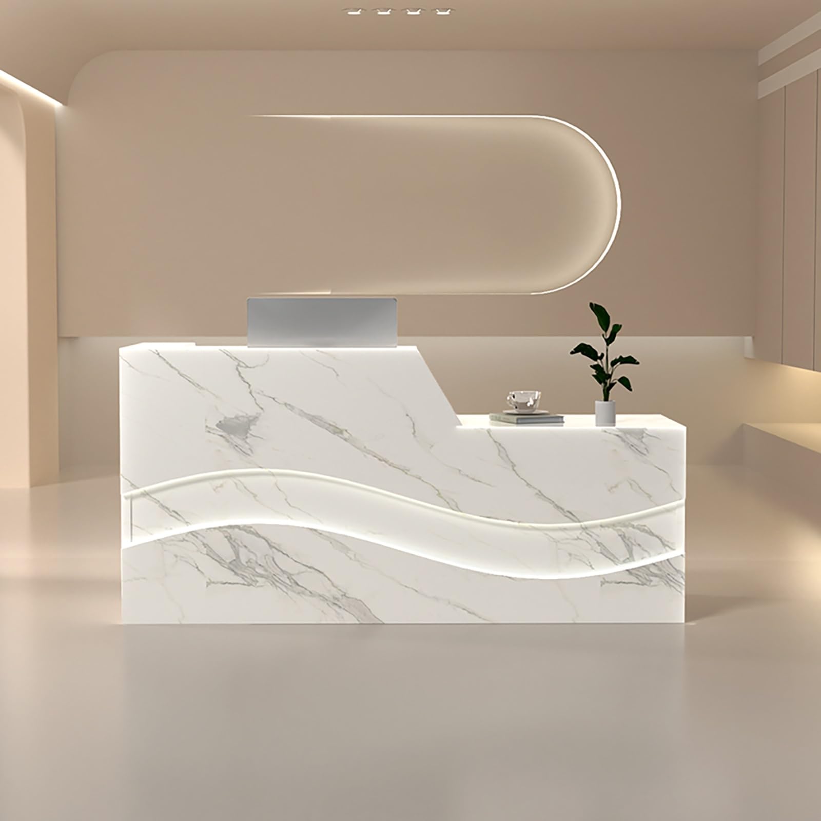Legno Bancone della Reception,Grande Sportello di Servizio,con Cassetto Bloccabile Vassoio per Tastiera e Luce,per Ufficio Sale Aziendali Hotel.(White Stripes,140x60x100cm)