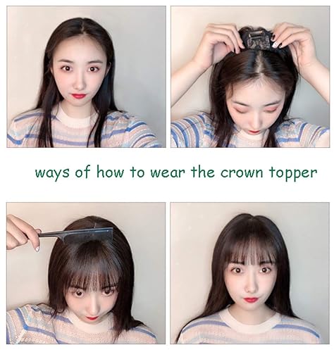 Miniatura 7 de LXUE Piezas de cabello realistas con flequillo, cabello humano real con clip para mujeres con pérdida de cabello, 12 pulgadas, marrón oscuro