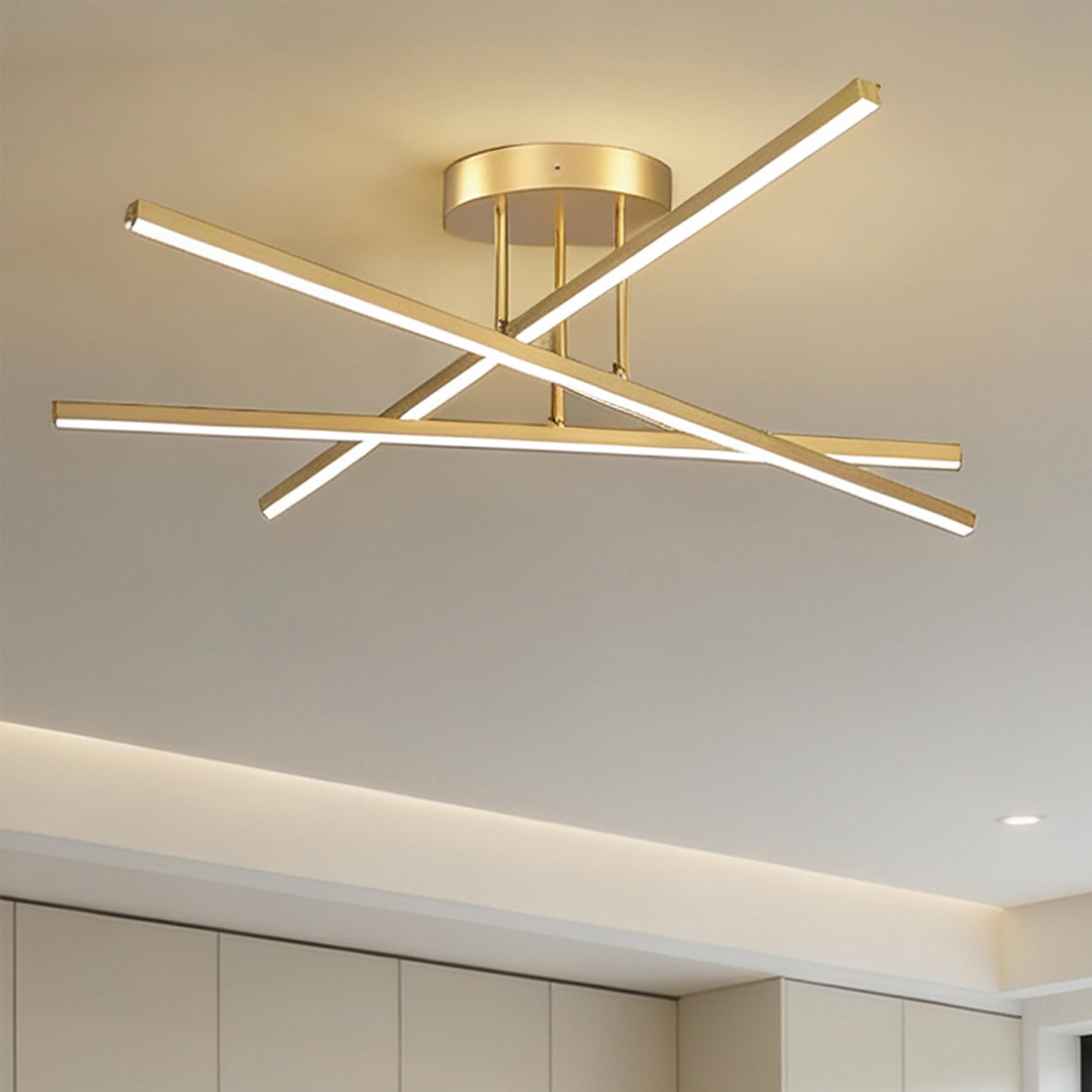 Lámpara de techo LED cruzada 60cm dorada 24W luz blanca cálida 3000K, plafón minimalista 2400lm para salón cocina comedor pasillo oficina