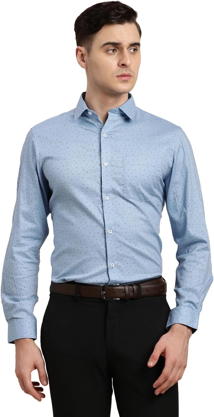Men 100% Cotton Light Blue Printed Regular Fit Formal Shirt