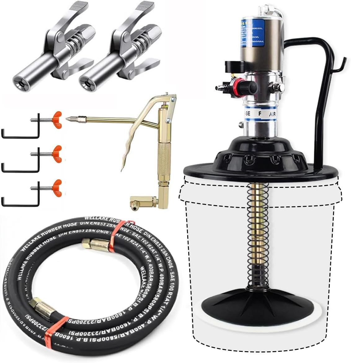 Air-Operated 60:1 Grease Pump with Grease Gun 2 Couplers, Grease Pump for 5 Gallon Bucket with 13ft High-Pressure Hose, Drum Cover, Follower Plate, Z-Swivel, Control Valve