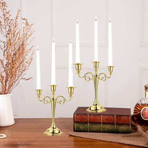 Miniatura 6 de OwnMy Candelabro de metal de 3 brazos, soporte de vela elegante para boda, mesa de comedor, fiesta de Navidad, decoración del hogar (tono dorado)