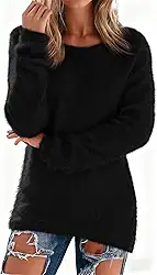 Camisolas femininas felpudas de lã gola redonda pulôver de manga comprida térmica macia plus size elástico inverno moda tops