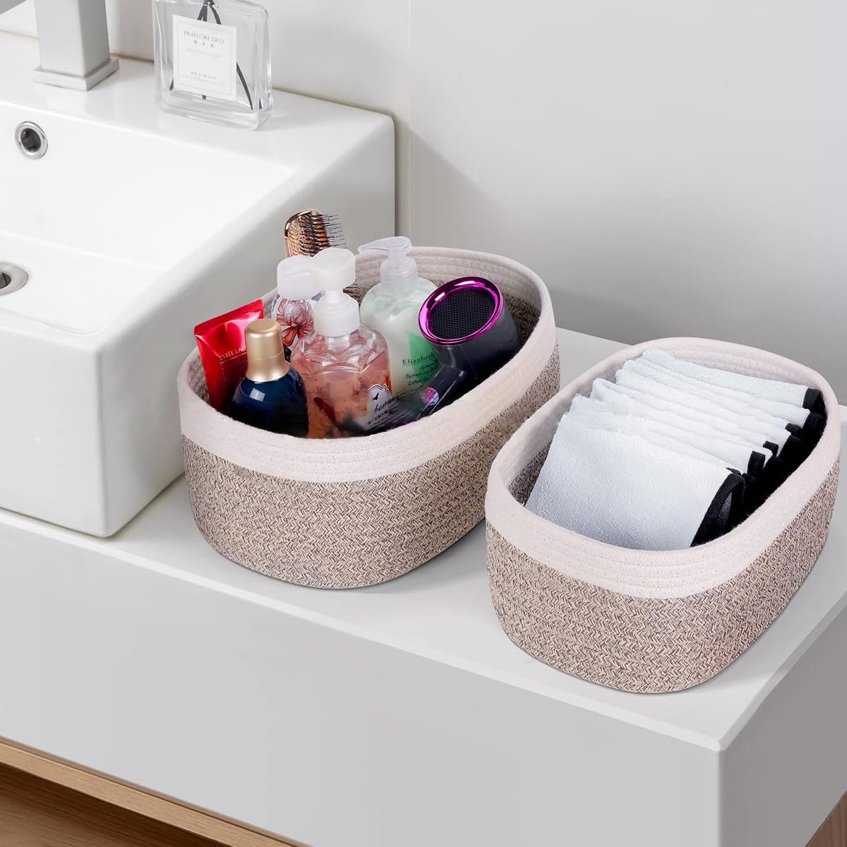 Lot de 3 Paniers Décoratifs de Rangement Cadima, Coton, Beige, 23x18x13 cm