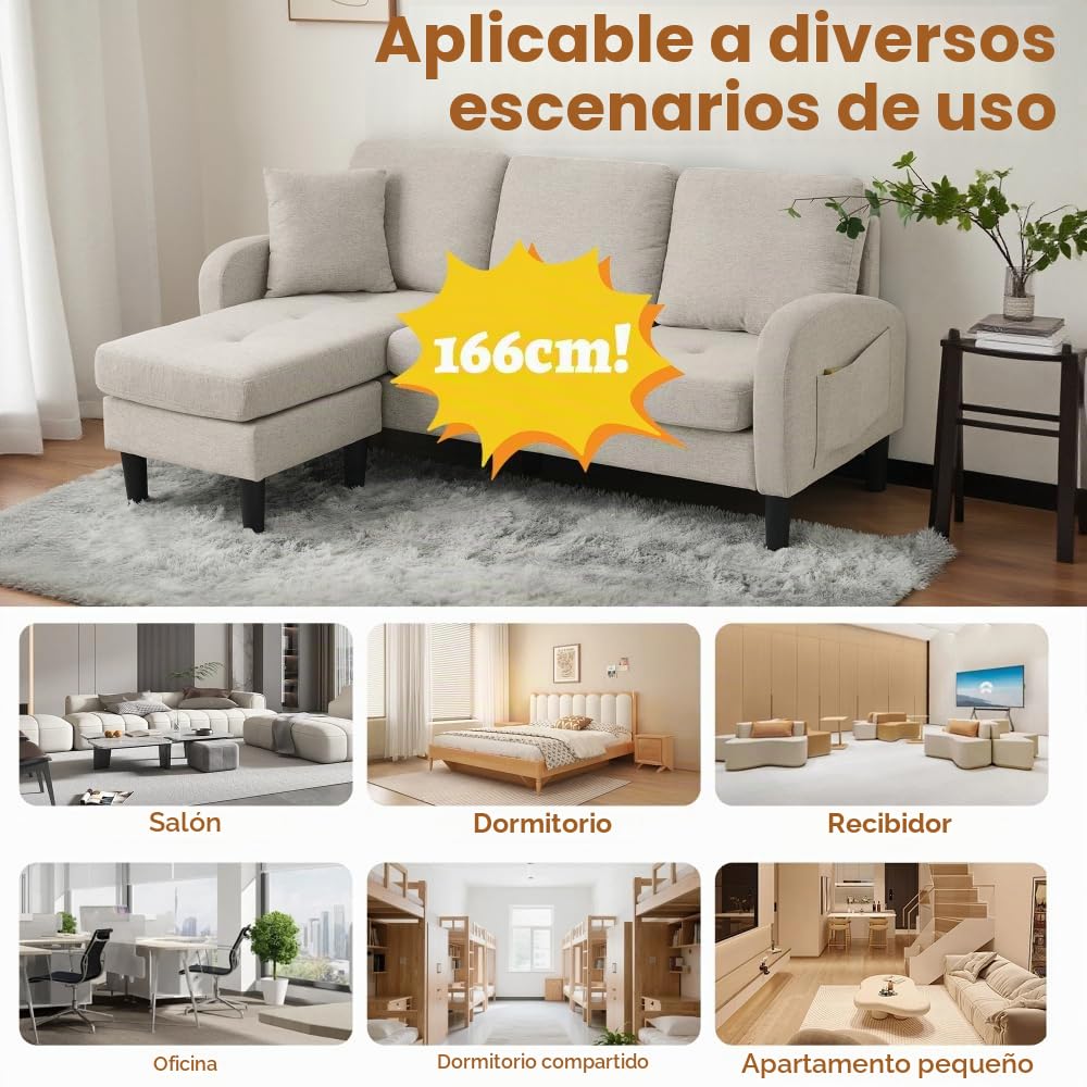 Sofá esquinero con chaise longue intercambiables, sofá de 2 a 3 plazas con 1 cojín, bolsillos laterales, sofá acolchado, patas para sillas de plástico, diseño modular, lino algodón, beige gris (166 x
