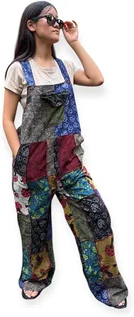 Boho Patchwork Overalls Women Loose Fit Adjustable Strap Wide Leg Jumpsuit Cotton Hippie Romper Vintage Style Pants