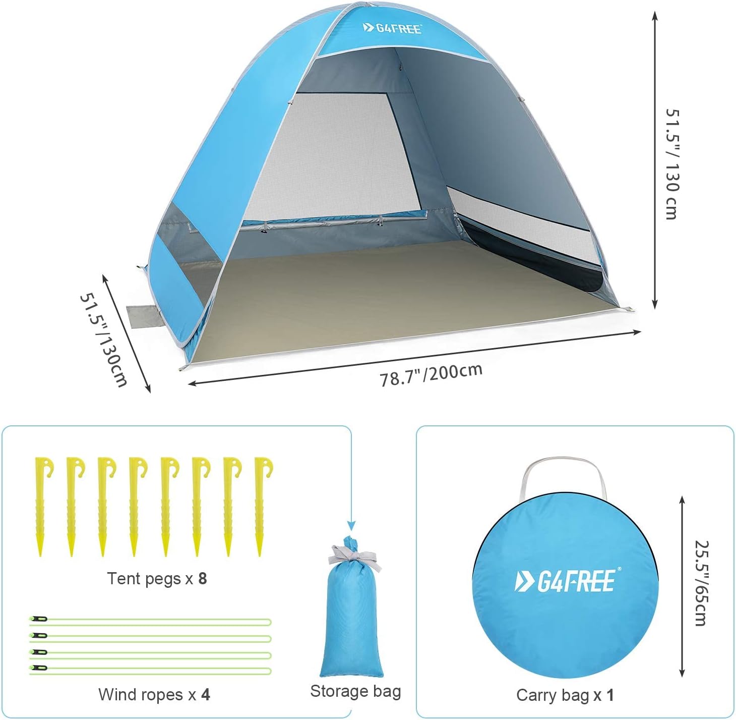 G4Free Upgraded Pop Up Beach Tent, 2-3 Person Automatic Sunshade Canopy UPF 50+ Sport Umbrella Instant Tent Lightweight and Easy to Carry for Camping, Outdoor, Beach