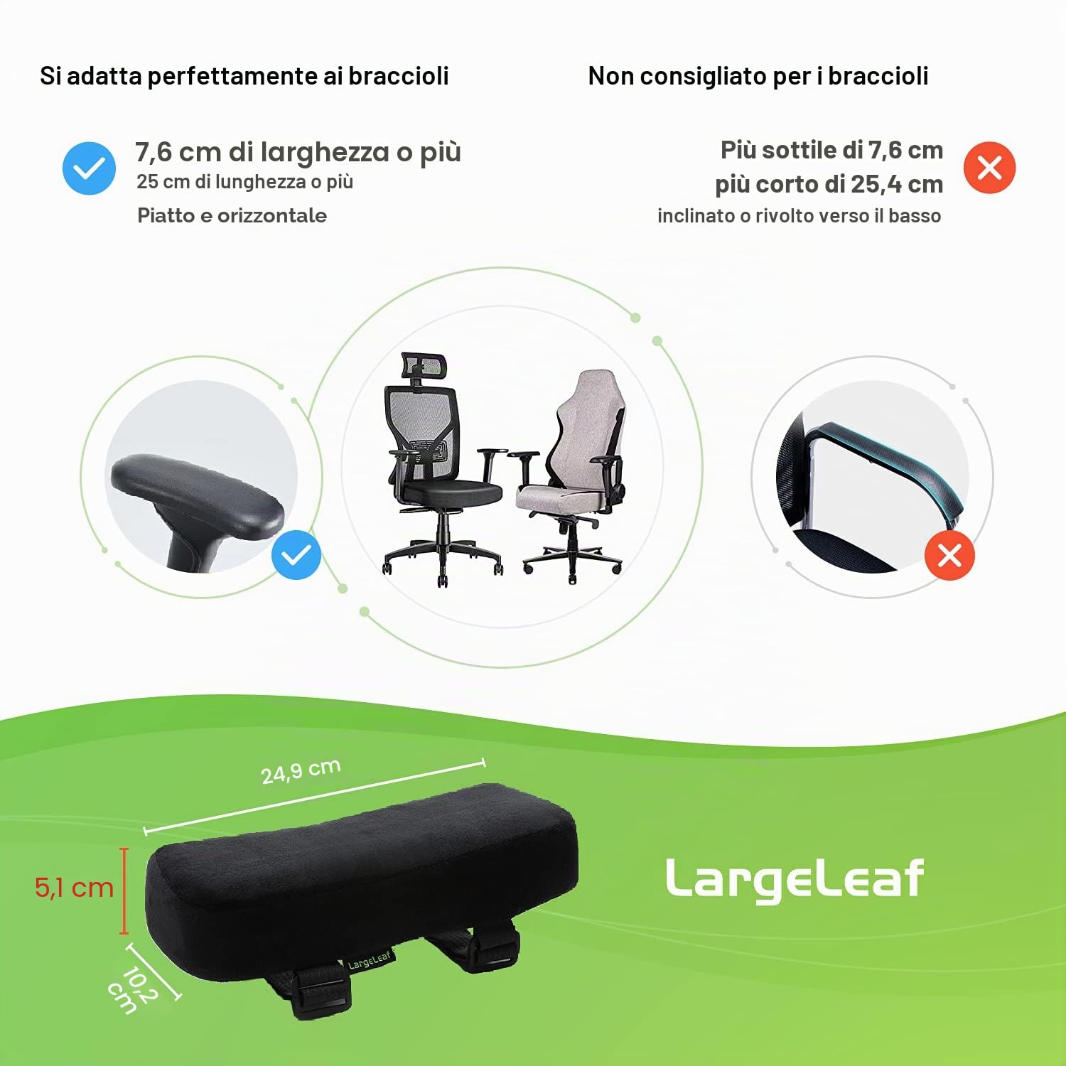 LargeLeaf Cuscini extra spessi 5 cm per braccioli e gomiti, per sedia da ufficio, da gioco, con braccioli in memory foam, set da 2 pezzi (nero)