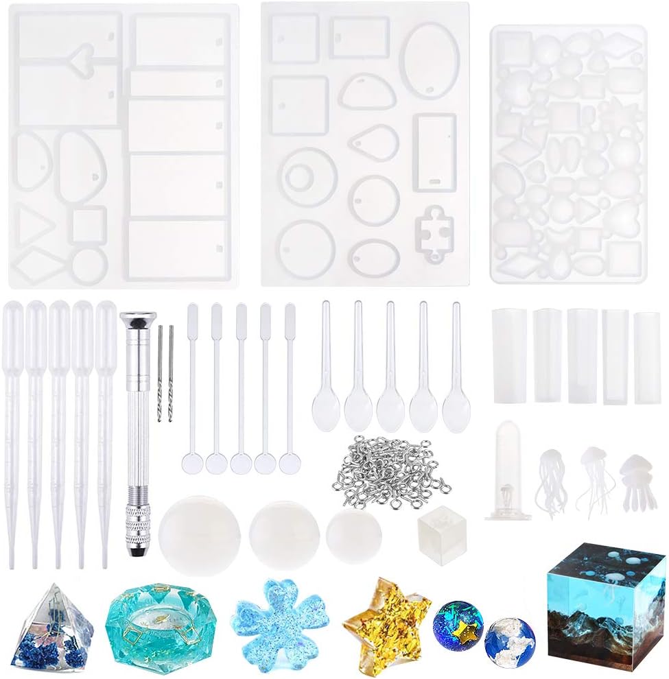 Heflashor 126PCS Resin Molds DIY Silicone Molds for Resin Silicone Casting Molds for DIY Jewelry Craft Making Epoxy Resin Mold Cube Sphere with Jellyfish Model