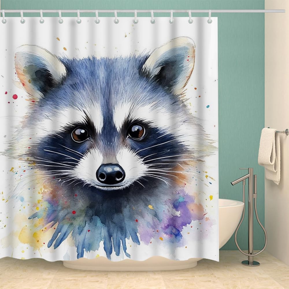 Moslion Cartoon Raccoon Shower Curtain Watercolor Animal Cute Face Hand Drawn Splash Painting Funny Shower Curtain Gift for Bathroom Decoration Polyester72Wx72H Inch