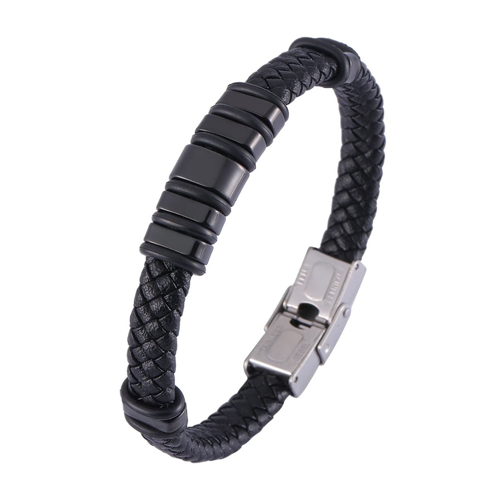 Edelstahlarmband, Herrenschmuckarmband, geflochtenes Lederarmband mit silberner Schnalle, 16,5 cm Länge, Punk-Biker-Herrenarmband