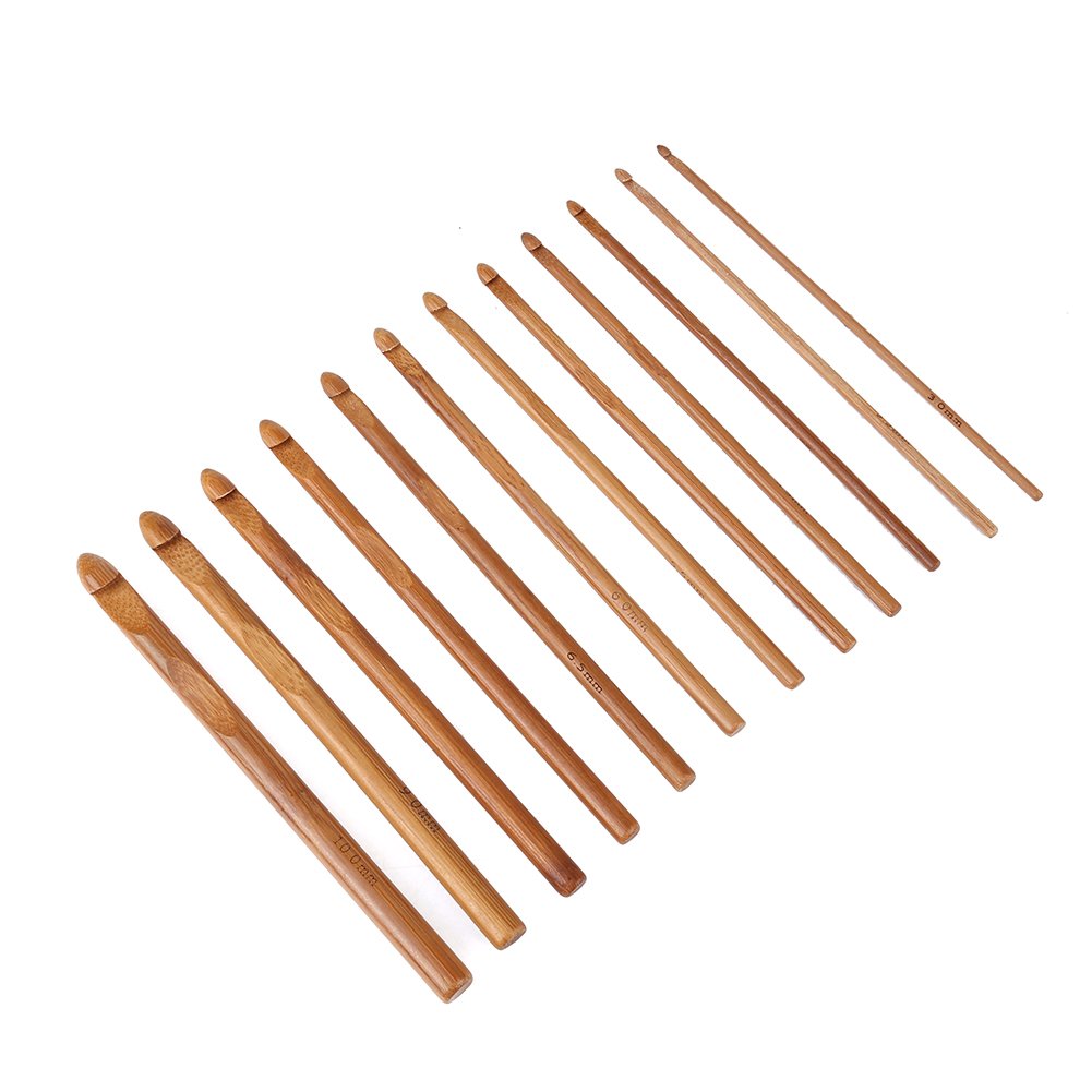 Ftvogue Brown 12Pcs/Set Carbonized Crochet Hooks Bamboo Knitting Needle Set Sweater Needles Yarn Weaving Tool