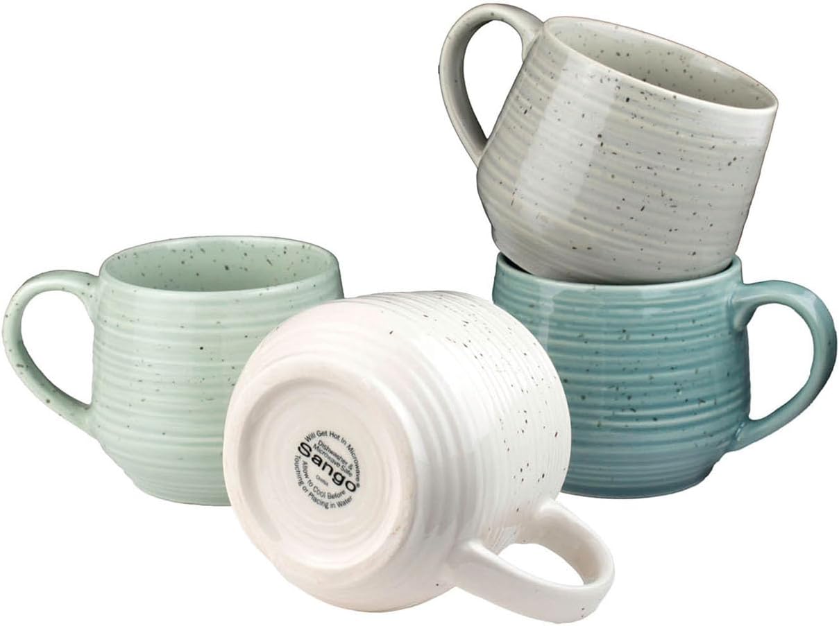 Sango Siterra Artist's Blend 17 oz. Stoneware Mug Set- Service for 4, Rustic Design, Green/White/Beige, Scratch-Resistant, Microwave & Dishwasher Safe, for Everyday Dining & Entertainment