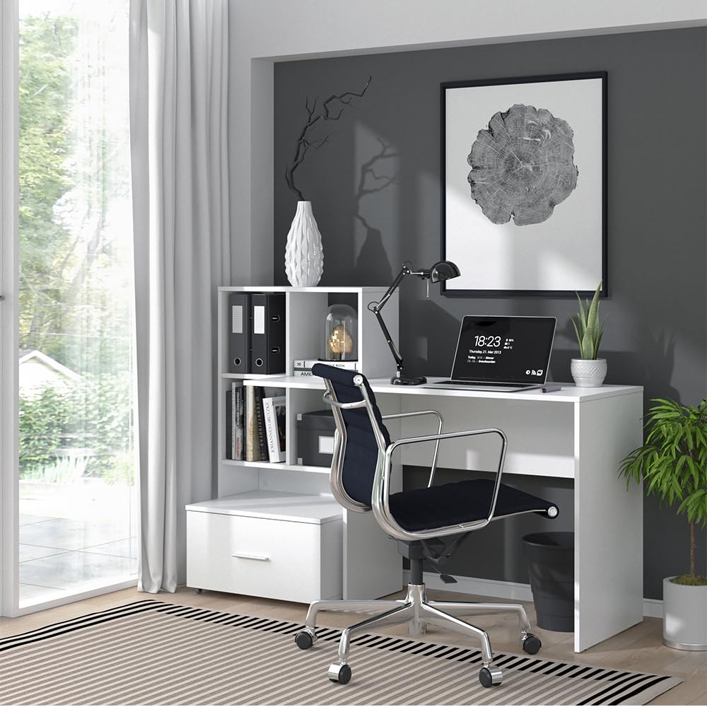 Vicco Scrivania Lorio, Bianco, 149.2 x 49.8 cm | con ripiano aperto e vano estraibile per appoggio