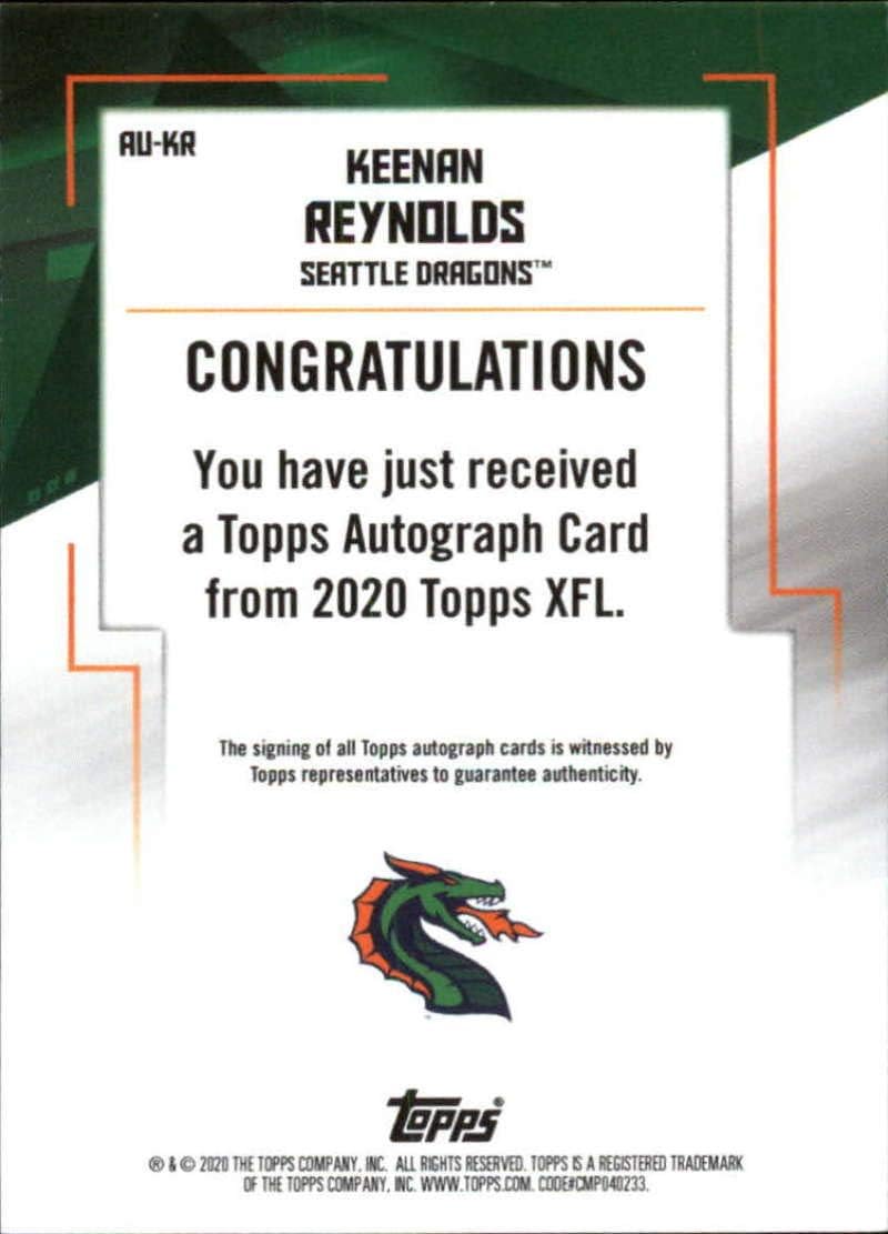2020 Topps XFL Autographs Red #AU-KR Keenan Reynolds Auto S10 Seattle Dragons Official Football Trading Card