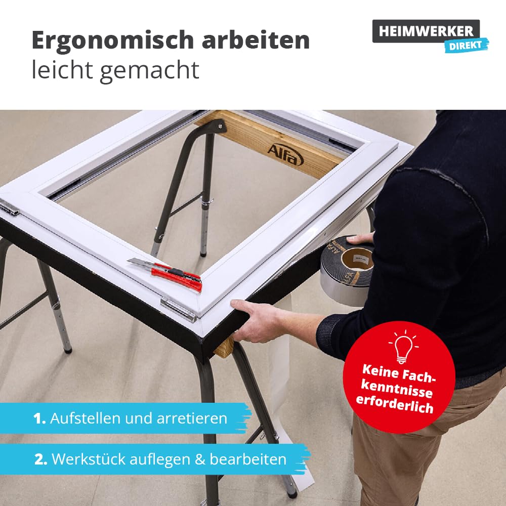 2x Alfa Arbeitsbock höhenverstellbar – belastbar bis 300 kg/Paar | Profi-Qualität – Aus robustem Stahl und Holz – zusammenklappbarer Gerüstbock