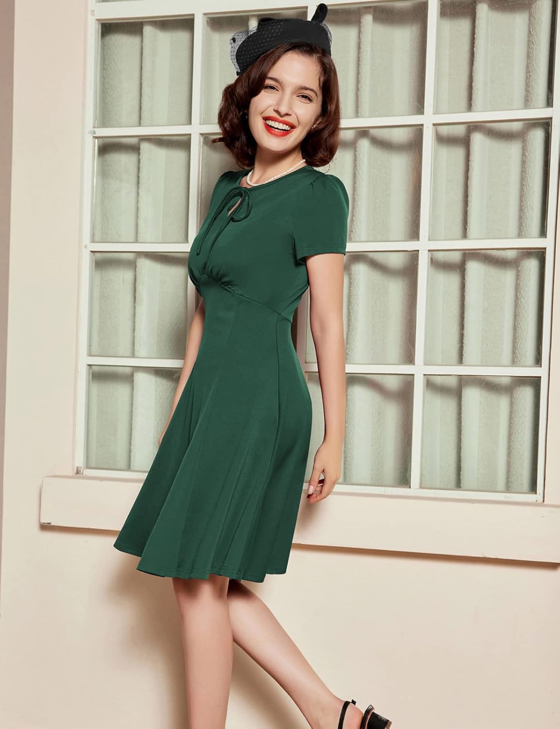 1950s Dresses for Women Church Women's 1940s Vintage A Line Tea Party Dresses Formal Dresses Dark Green - Image 4