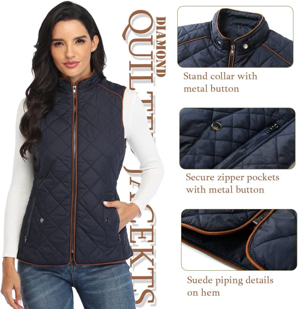 Dilgul Women's Quilted Vest Stand Collar Trendy Lightweight Zip Padded Vest with Pockets - Image 2