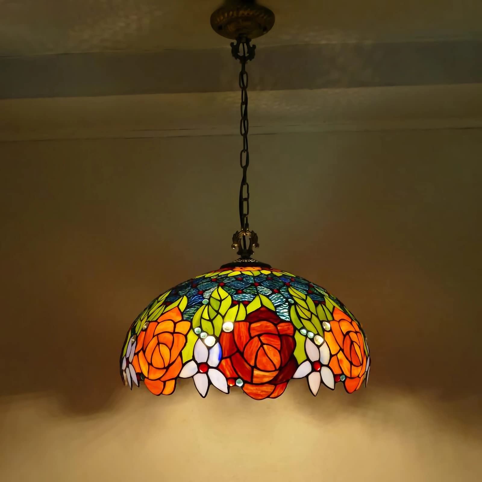 Suspension Tiffany en verre teinté fait main, plafonnier haut de gamme 46 cm