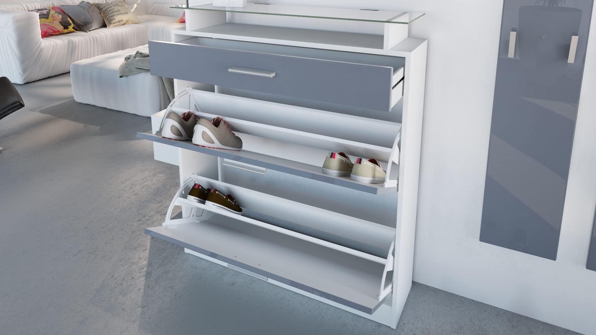Vladon Garderobe Loret mini Garderobenset Schuhschrank Wandspiegel Garderobenpaneele Weiß matt Eiche Sägegrau