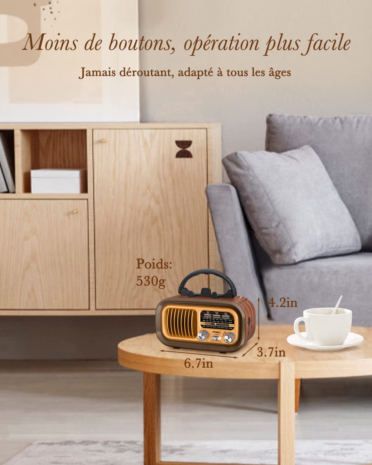 Poste Radio Vintage, PRUNUS J-150 AM/FM/SW Radio Portable Rechargeable avec Batterie 1200mAh et Piles D, Transistor Radio Bluetooth avec Panneau Solaire, Compatible USB/TF