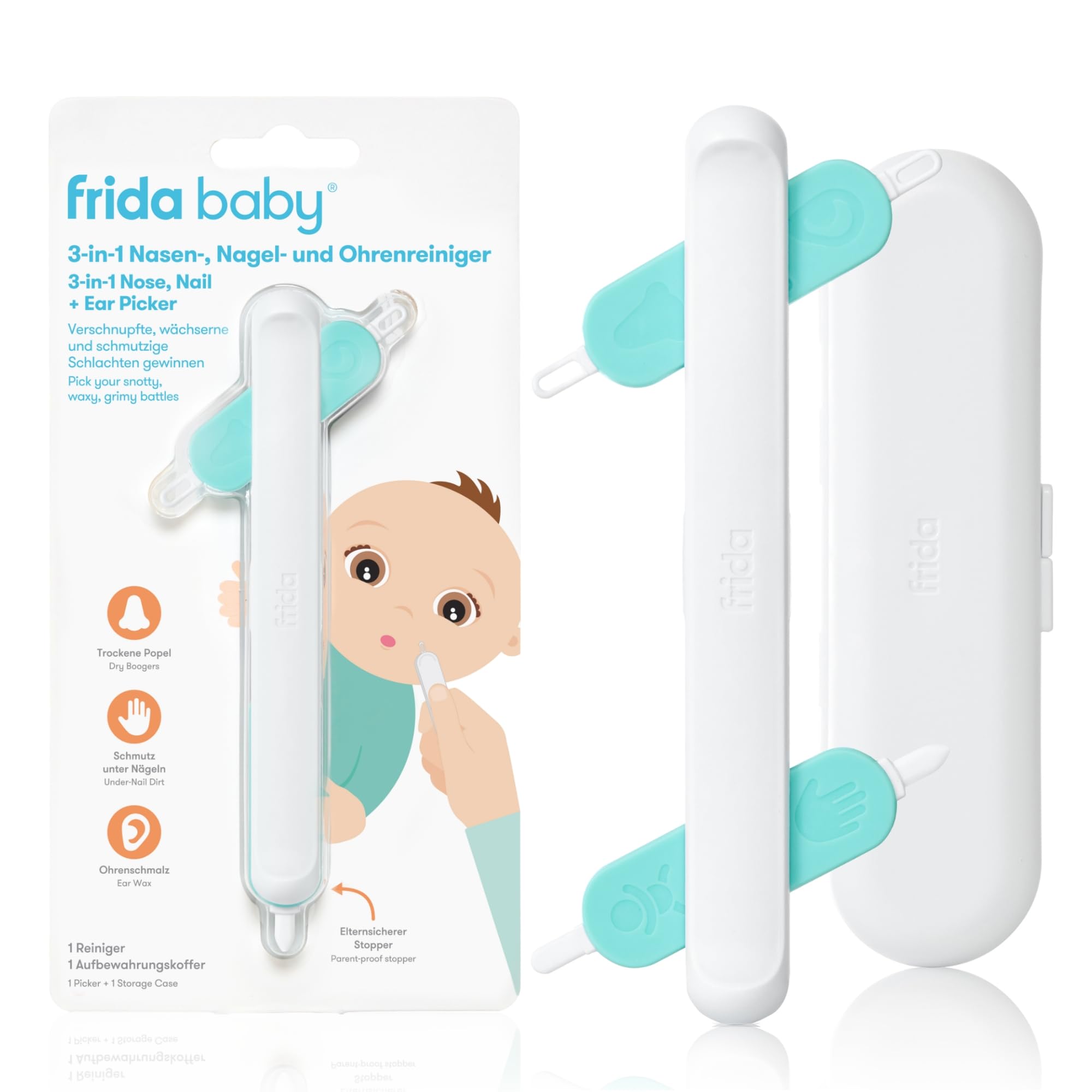 Frida Baby 3-in-1 Reiniger für Nase, Ohren & Nägel | Reinigungsset mit 4 Aufsätzen für Babys & Kleinkinder | Entfernt Schleim, Ohrenschmalz & Schmutz sicher | Inkl. Aufbewahrungsbox