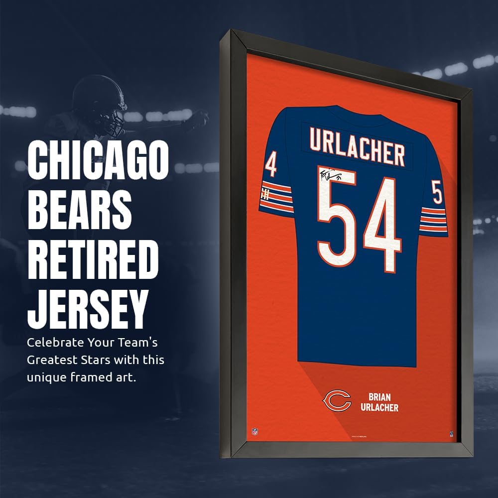 Sporticulture NFL American Football Chicago Bears - Brian Urlacher Jersey Print Framed Wall Art Picture Poster for Boys Bedroom and Man Cave Decor - Ready to Hang, Blue 14" x 20", Small