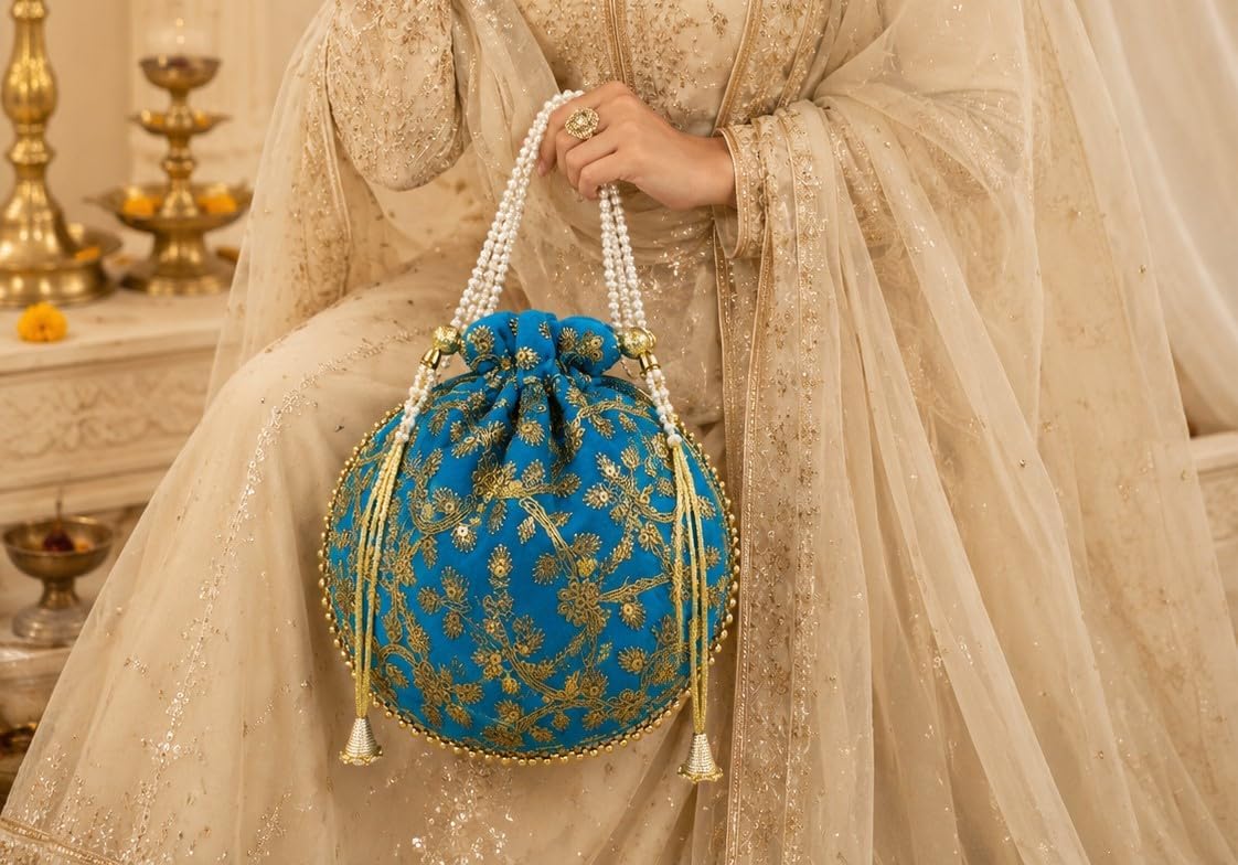 Women's Velvet Embroidered Potli Bag Purse Pouch Drawstring Bag Golden Work Wedding Gift for Women image 2