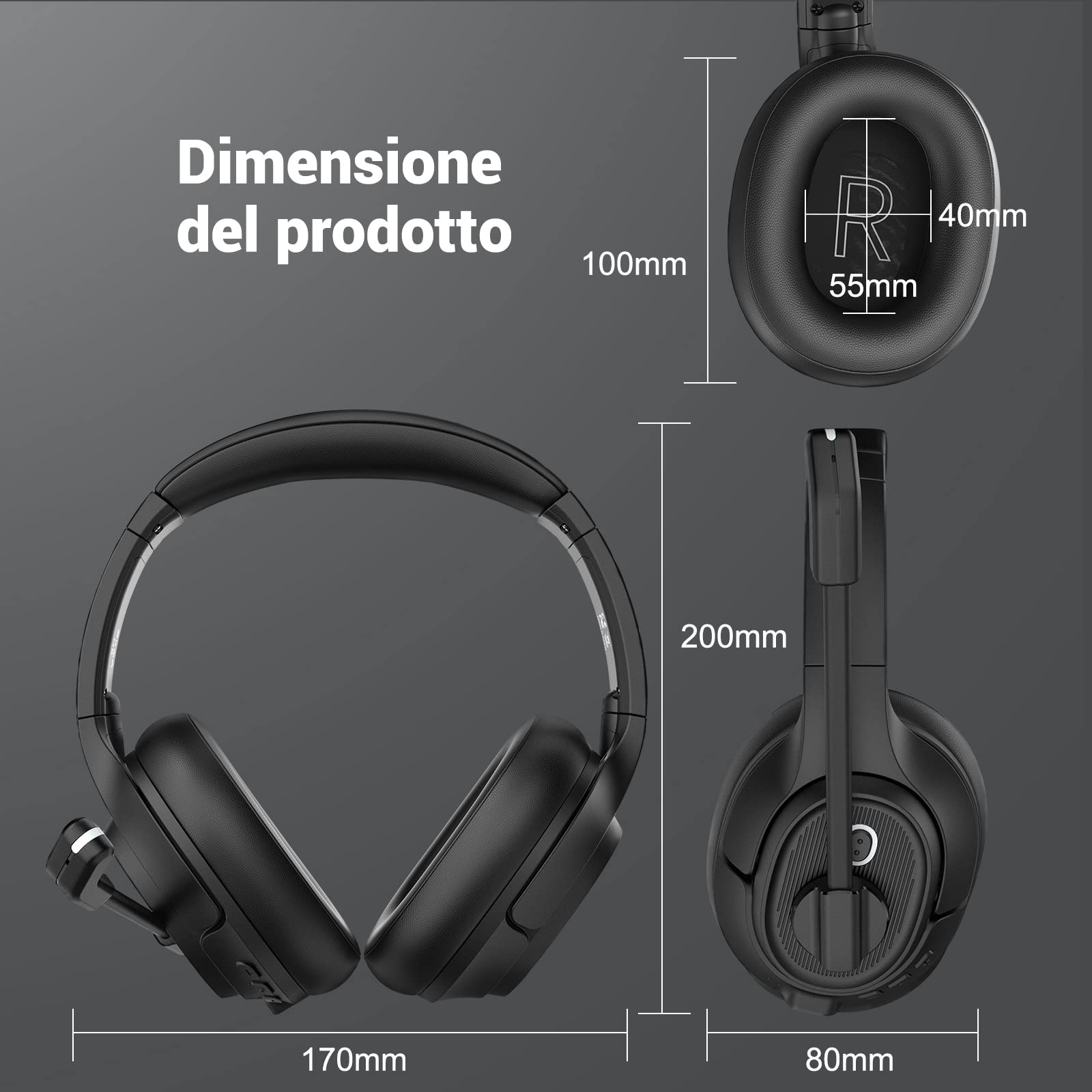 EKSA Cuffie Bluetooth con microfono & Adattatore USB, 55 Ore Di Riproduzione e 10 metri di Portata, Over Ear Cuffia Wireless Pc per Lavoro/Ufficio/Casa/Team/Zoom