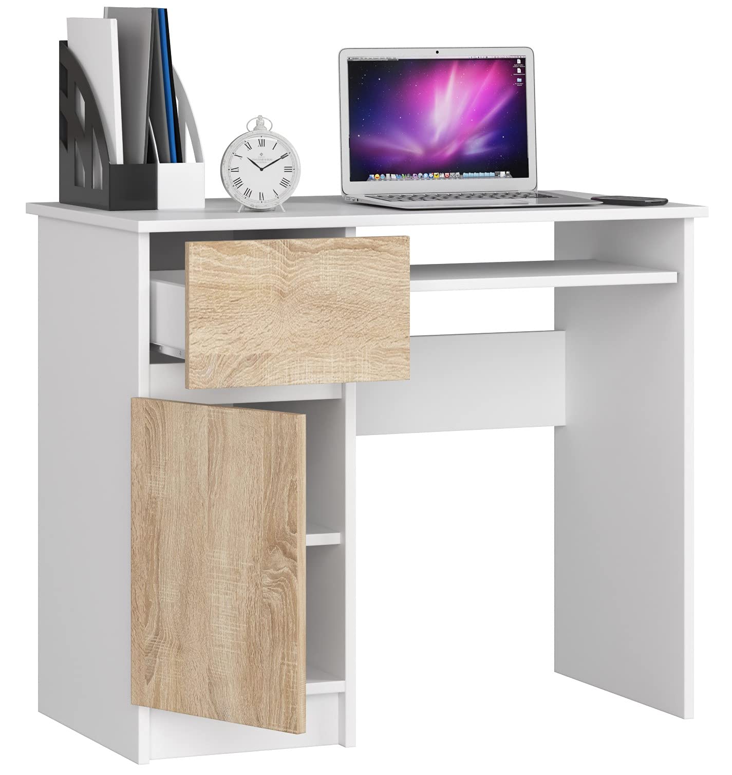 AKORD | Scrivania con Ripiano per Tastiera, Cassetto e Armadietto Sul Lato Sinistro | Scrittoio per Ufficio | Scrivania per Computer PC Laptop | Salvaspazio | 90x77x50 cm | 30 kg Bianco/Rovere Sonoma