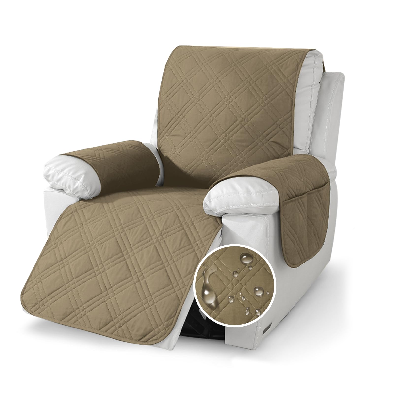 YushengTai Armchair Covers, 100% Waterproof, Anti-Slip, 1 Seater Recliner Chair Cover, Chair Covers for Armchairs with 4 Pockets, 1 Adjustable Straps (Light Brown)