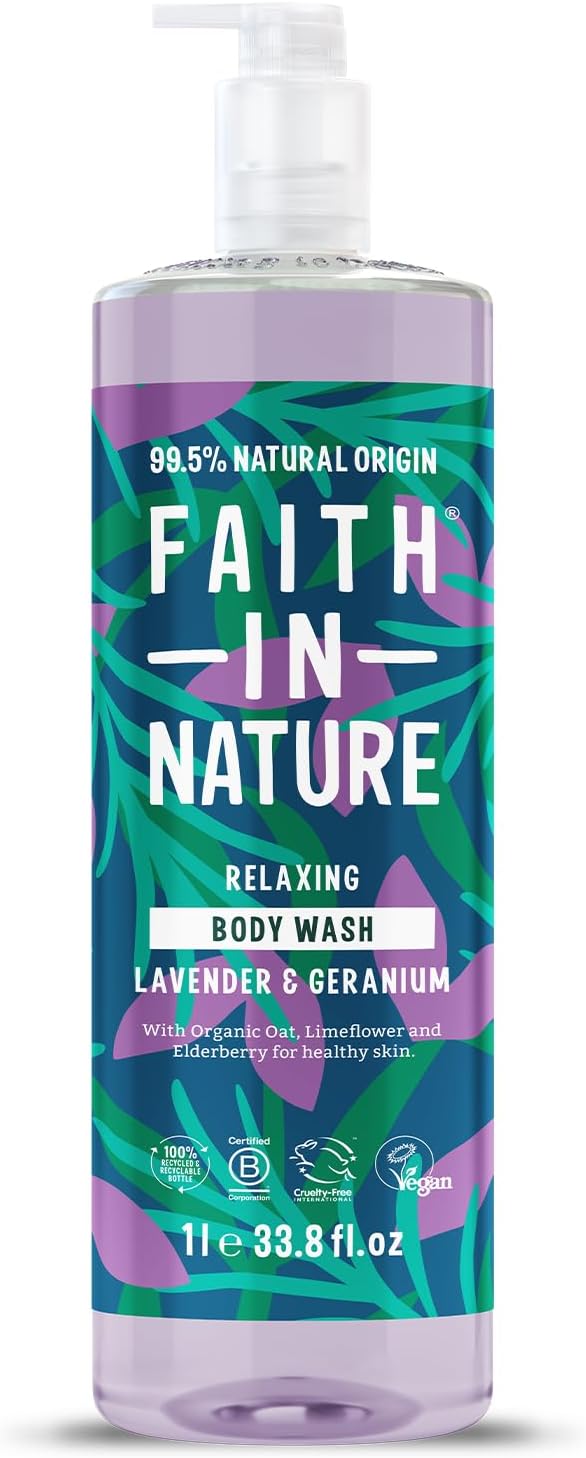 1L Natural Lavender & Geranium Body Wash, Nourishing, Vegan and Cruelty Free, No SLS or Parabens