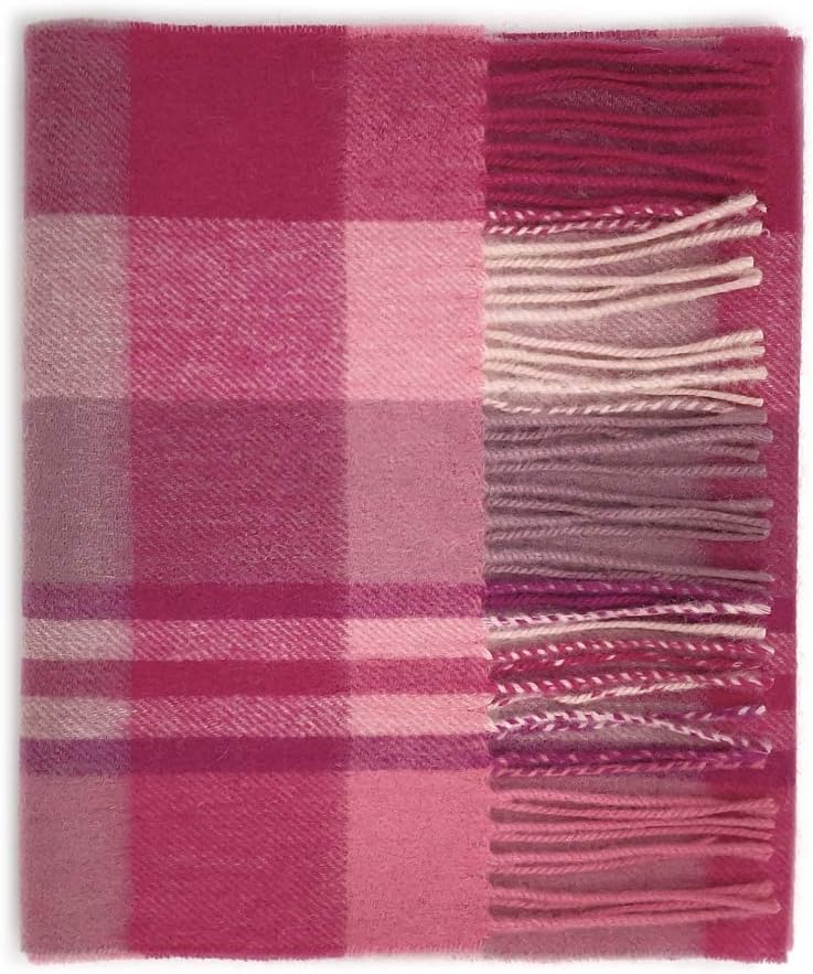 100% Lambswool Soft Touch Tartan Scarf- Designed in Scotland - (Brown/ Pink New Square Check)