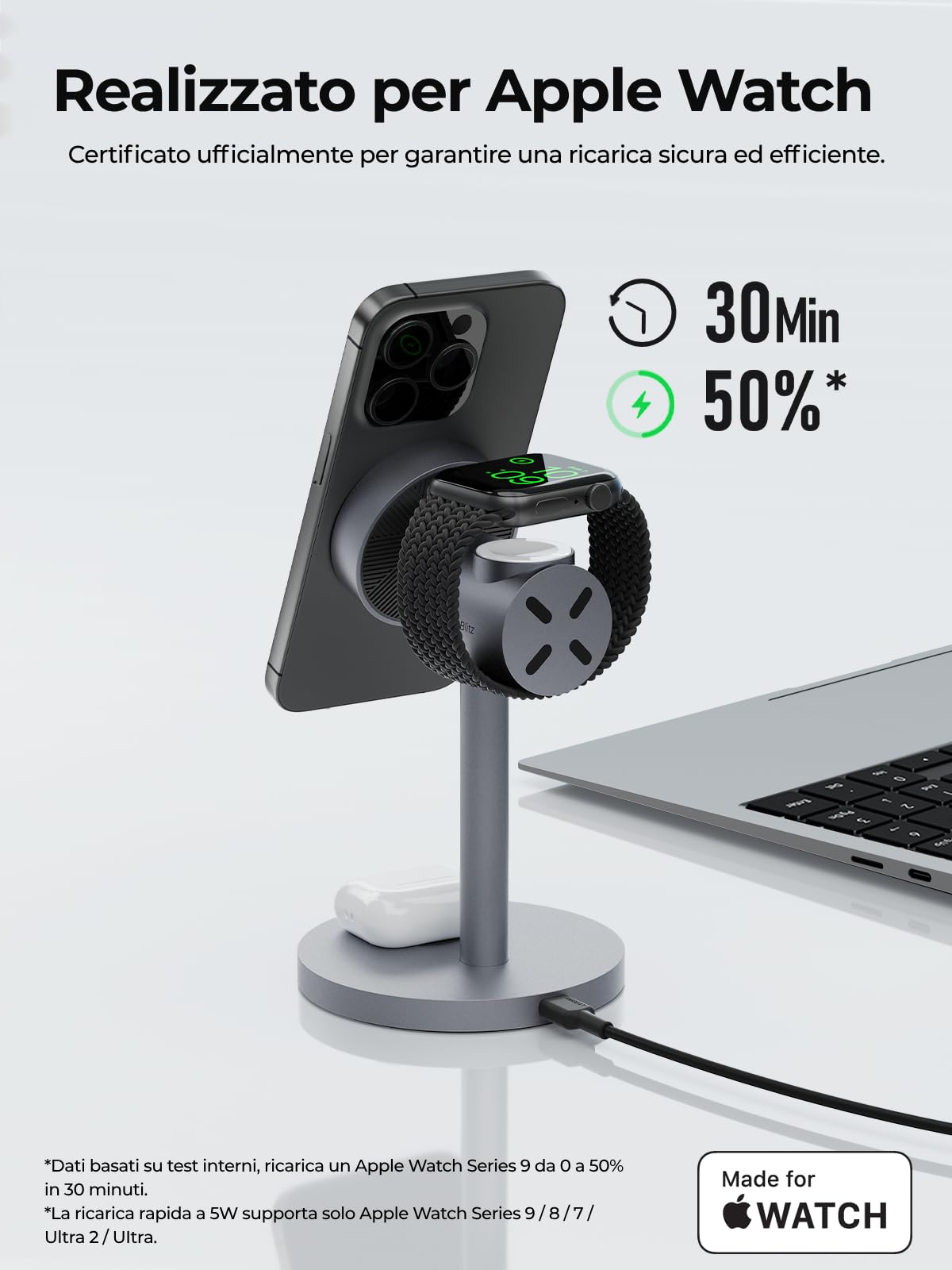 AMEGAT Stazione di Ricarica 3-in-1 compatibile con Magsafe, 15W Caricatore Wireless Certificato Qi2 per iPhone 17/Air/16/15/14/13/12 Serie, Apple Watch, AirPods (Caricatore USB-C da 30W Incluso)