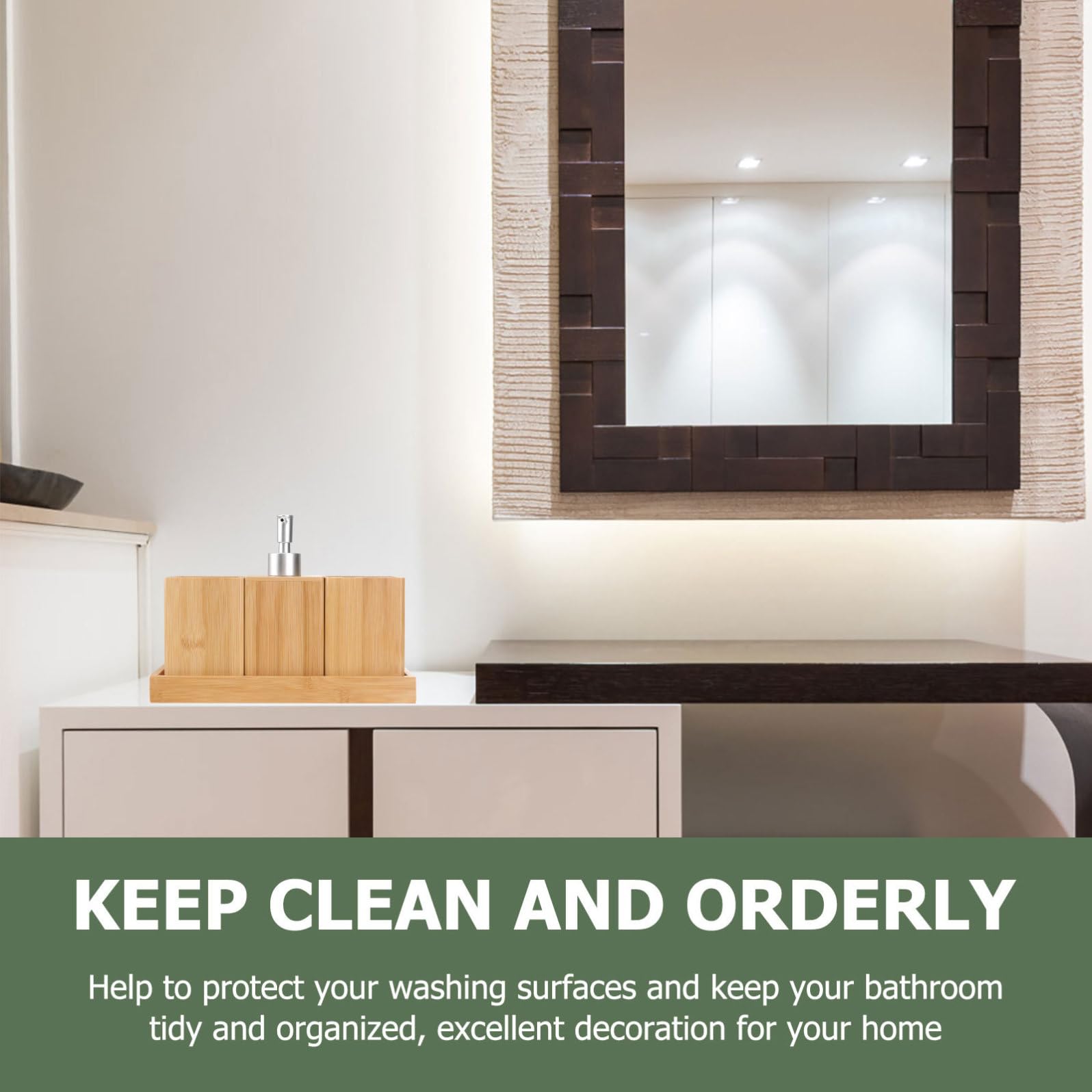 Set Accessori Bagno in Bambù e Ceramica 4 Pezzi per Toilette | Marrone e Argento, Organizer da Banco per Casa e Ospiti, Look Elegante