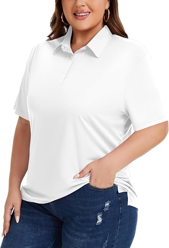 Idtswch Womens Plus Size Polo Shirts UPF 50+ Casual Work Quick Dry 3 Buttons Short Sleeve Collared Golf Shirt XL-6XL
