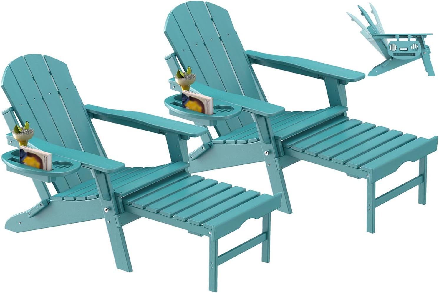 Adjustable Adirondack Chair with Retractable Ottoman Set of 2, HDPE Folding Adirondack Chair with Cup Holder, All Weather Fire Pit Chair for Outdoor.