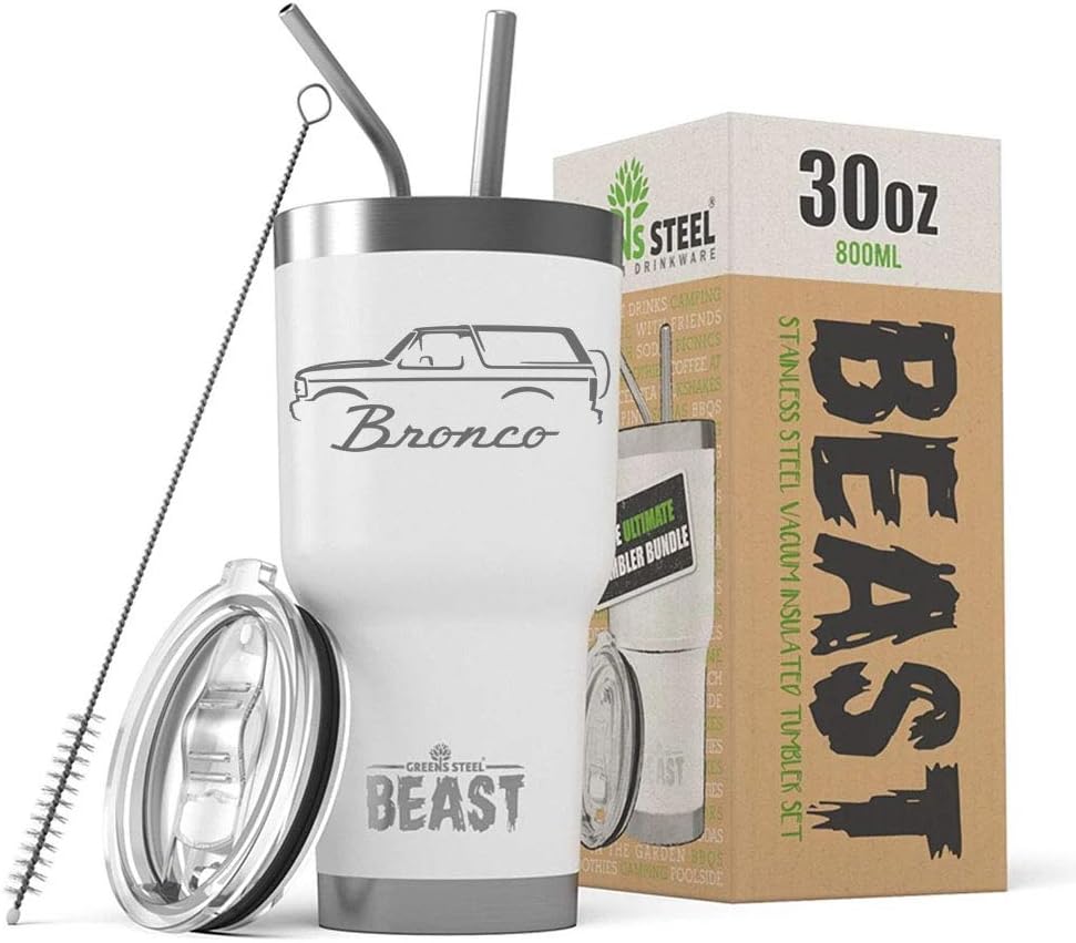 1992-96 Ford Bronco Truck Beast 20 oz Stainless Steel Insulated Tumbler w/Lid, 2 Straws, Brush and Gift Box army