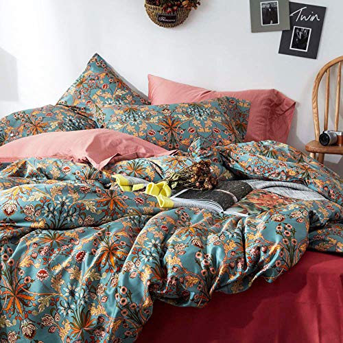 Vintage Style Garden Flower Duvet Cover Set with Zipper Closure Soft Cotton Yellow Flower Pattern on Blue Bedding Quilt Cover Set(King,Autumn)
