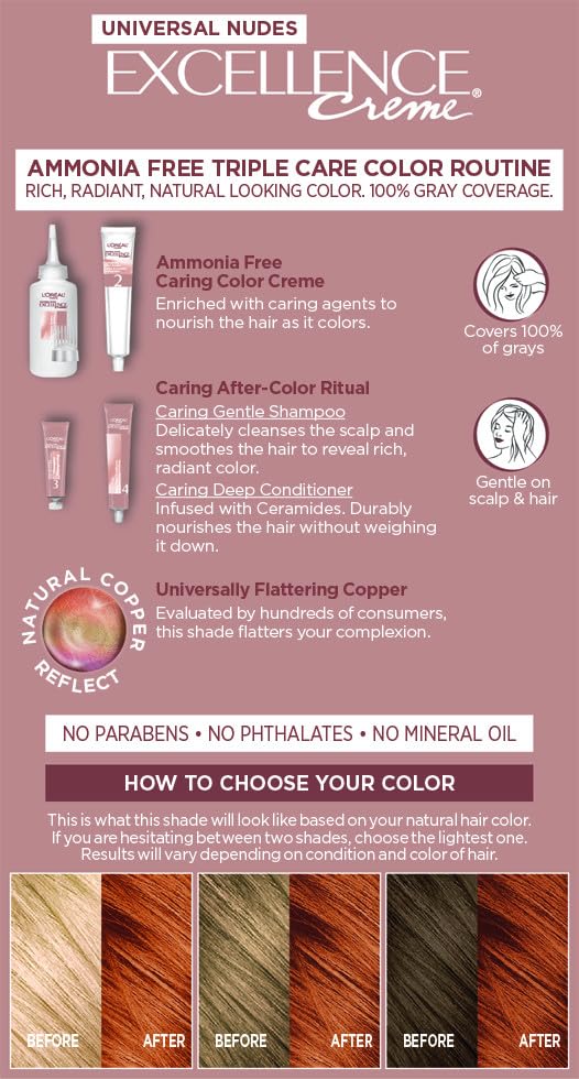 Image of L'Oreal Paris Excellence Universal Nudes Permanent Hair Color, Ammonia Free Hair Dye for Gray Hair Coverage, 7NR Natural Copper, 1 Hair Dye Kit