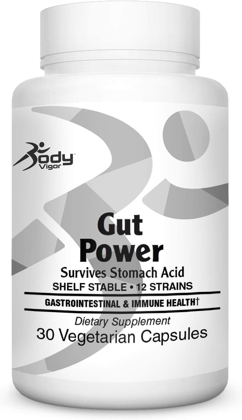 Body Vigor Gut Power, 100 Billion Probiotic, 12 Strains, Supports Digestive Health, Shelf Stable, 30 Vegetarian Capsules