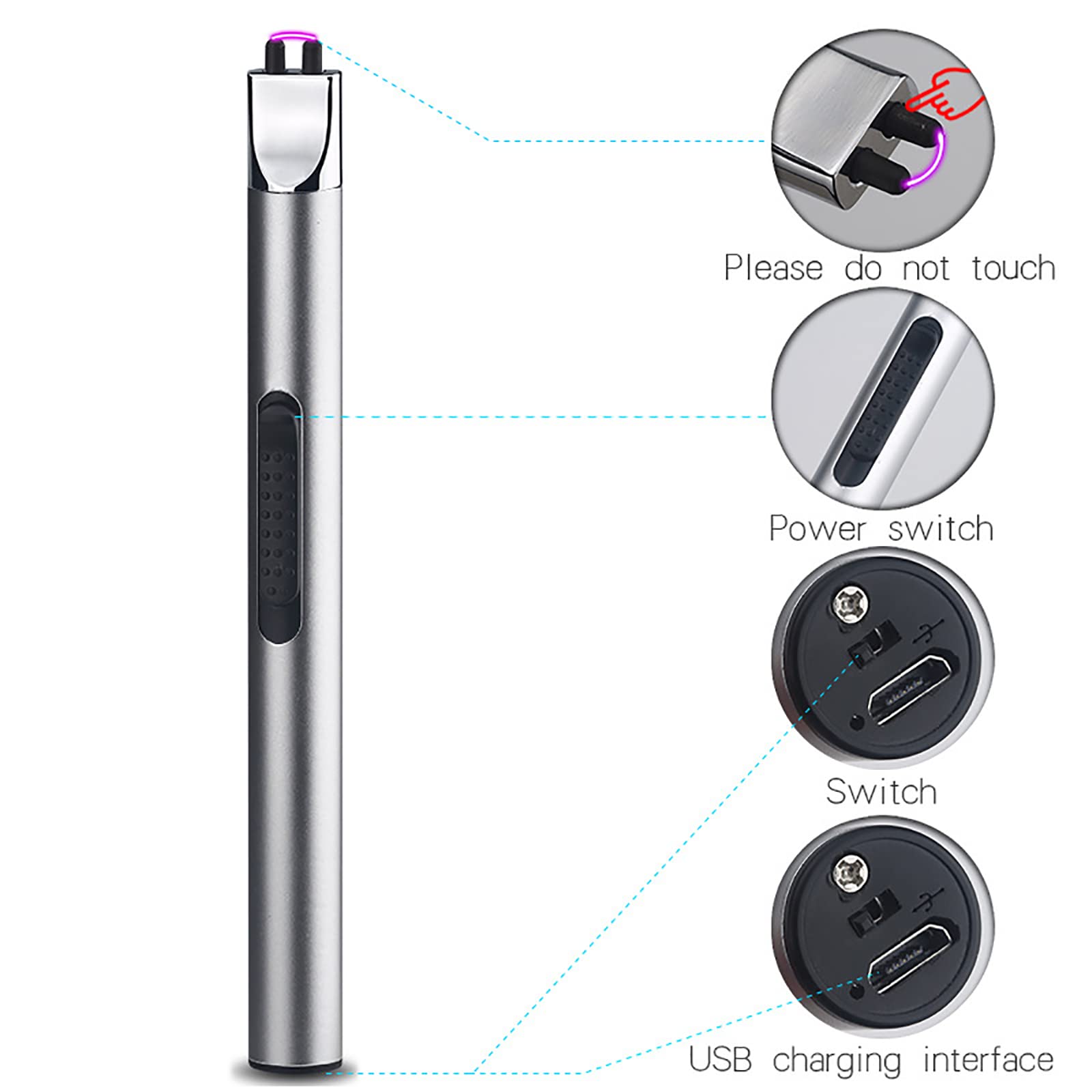 Briquet Rechargeable Électrique Briquet Plasma Briquet USB Arc sans Flamme Coupe-Vent Long Briquet pour Camping Cuisine Grill,Silver