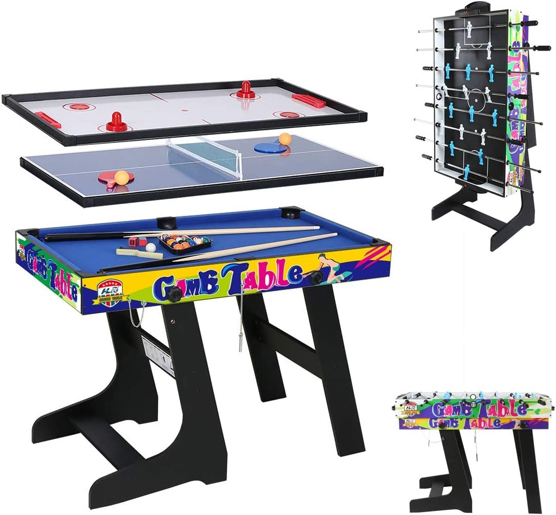 Table Multijeux 4 en 1, Table De Jeu Enfants Pliable, Multifonction Sport Baby Foot/Billard/Tennis de Table/Hockey, Cadeau d'anniversaire pour Enfants