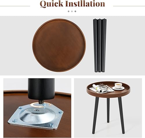 Miniatura 13 de Giantex Mesa auxiliar redonda, mesa auxiliar con bandeja de madera, soporte de trípode resistente y conectores de metal de alta calidad, mesa