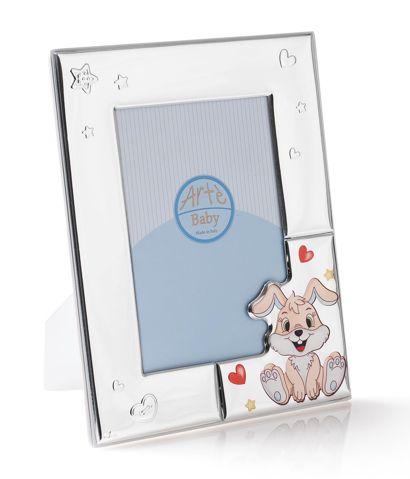 ARTÉ 10x15 Cornice portafoto per BAMBINO, Made in Italy, elegante placcata in argento, Silver Plated antiossidante, Bellissima cornice in Silver Plated con retro in legno laccato bianco E212/CELESTE